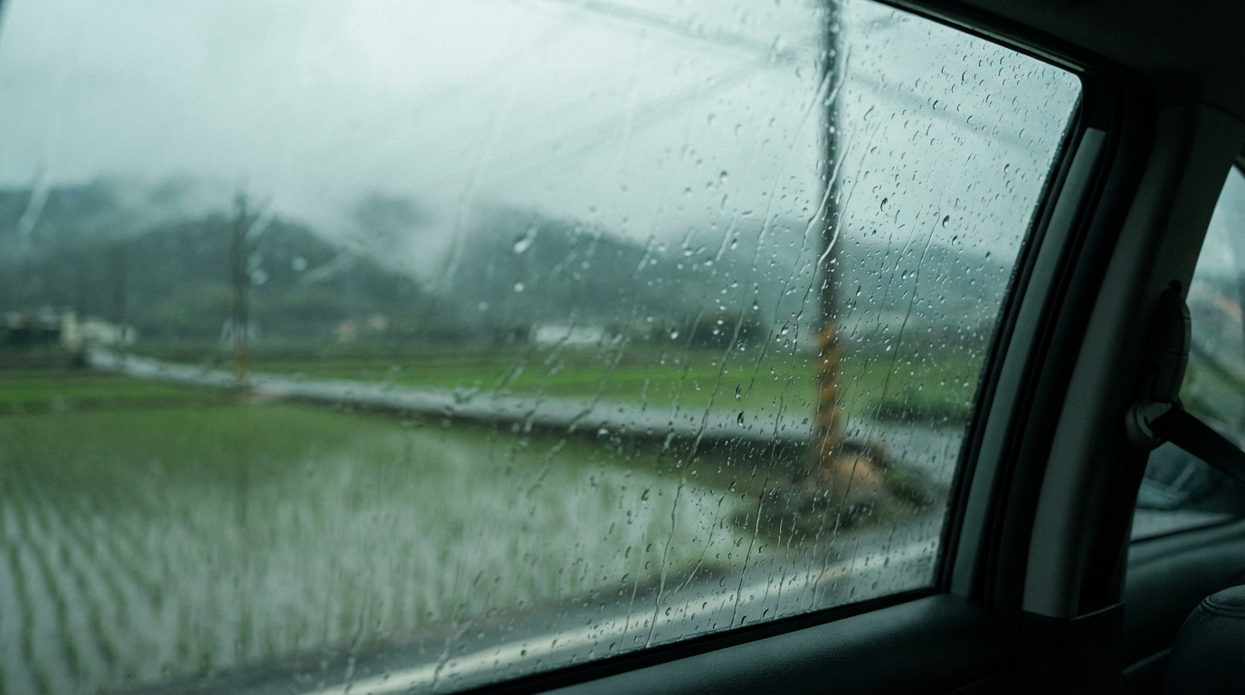 返鄉路途：車窗雨線與遠方田埂山嵐的情境示意