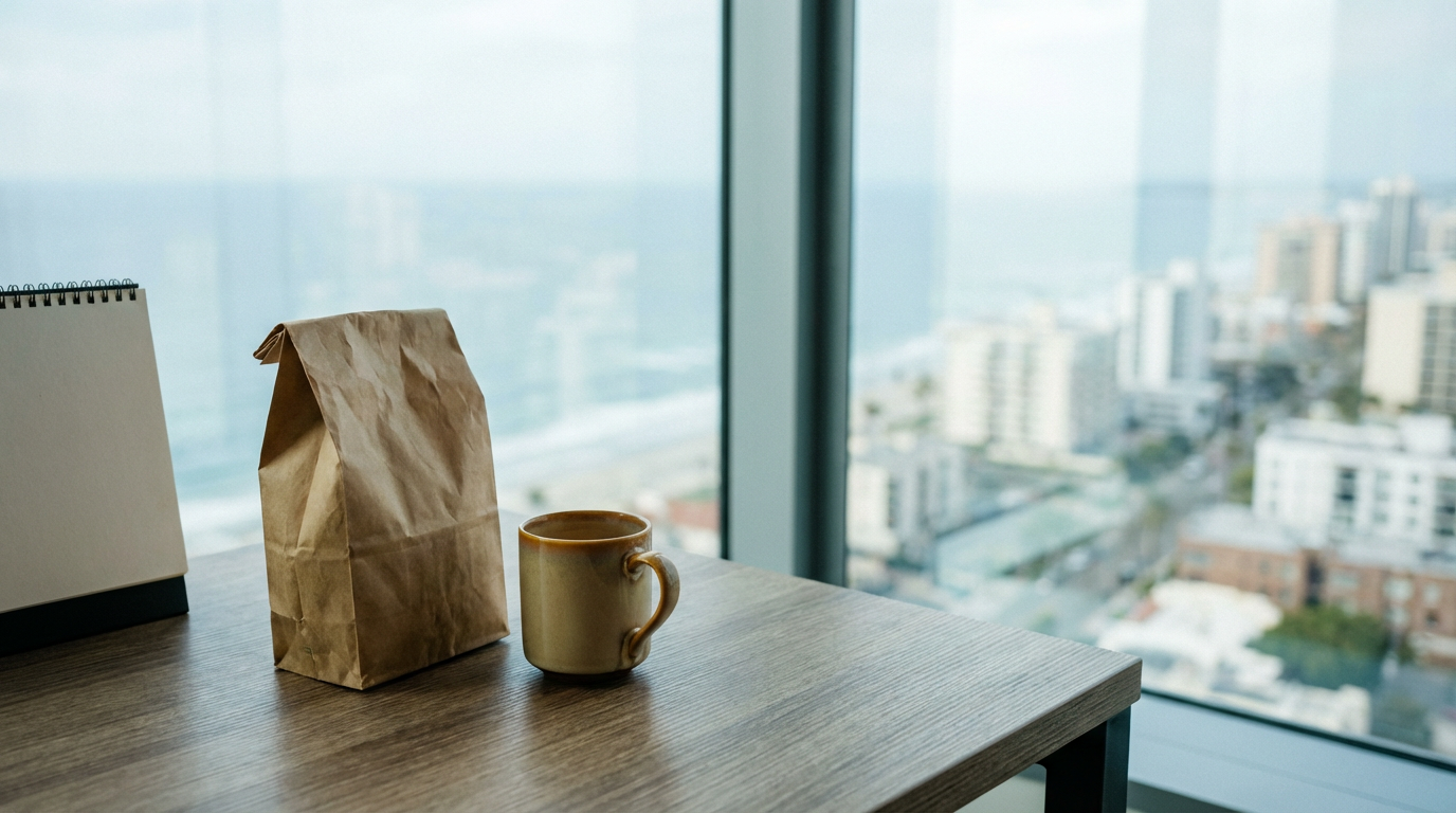南國辦公桌一角：天光、素色紙袋與日常物件的情境示意