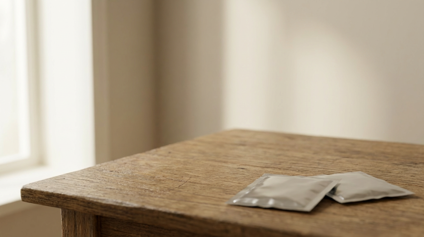 家中餐桌：柔和窗光與模糊隨身包的情境示意