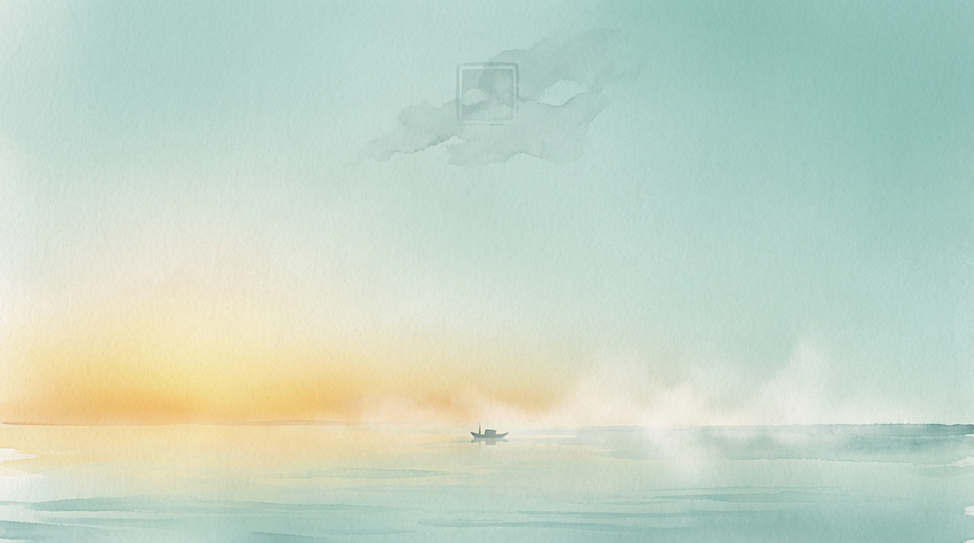 方舟與盼望：雨後天光、靜水上的小舟與遠方柔光的意境圖