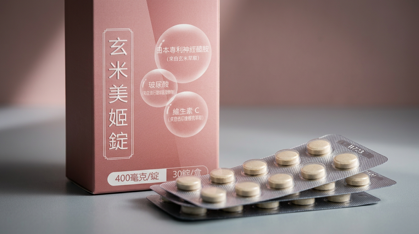 玄米美姬錠外盒與錠劑在光影下的細節
